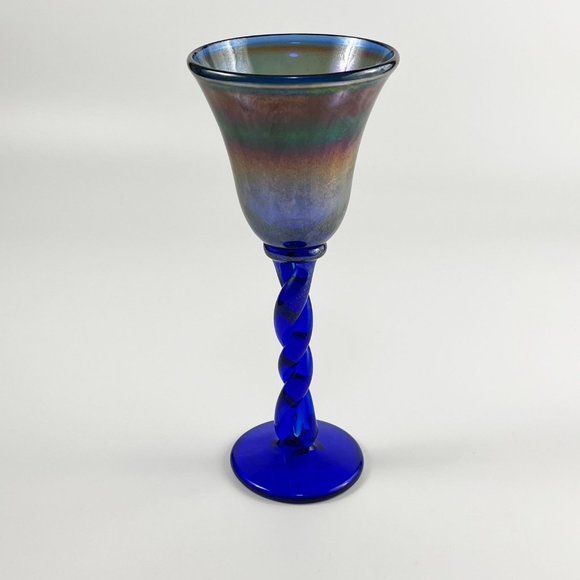 Rick Strini Studio Art Glass Iridescent Cobalt Blue Water Wine Goblet Twisted St - Picture 2 of 8